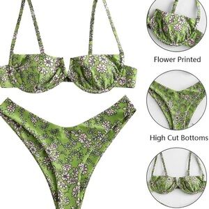 Zaful forever young high cut Green Floral two Piece Swimsuit size Large new!